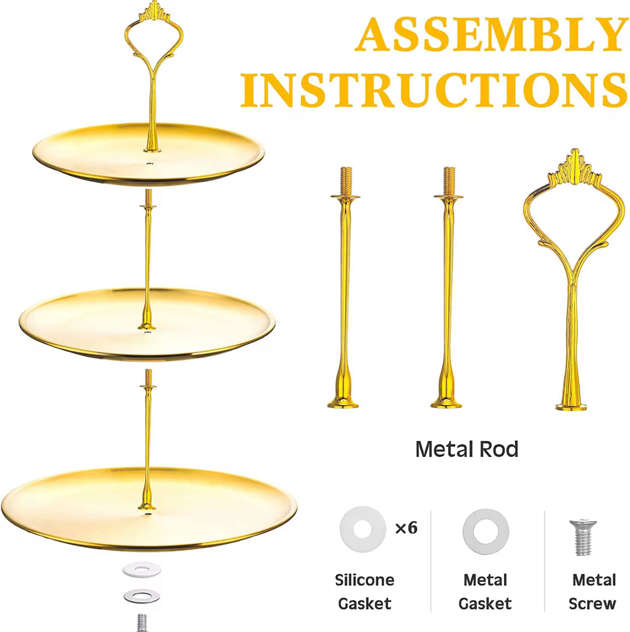 A golden aluminium 3-tier cake stand showing the three plates
