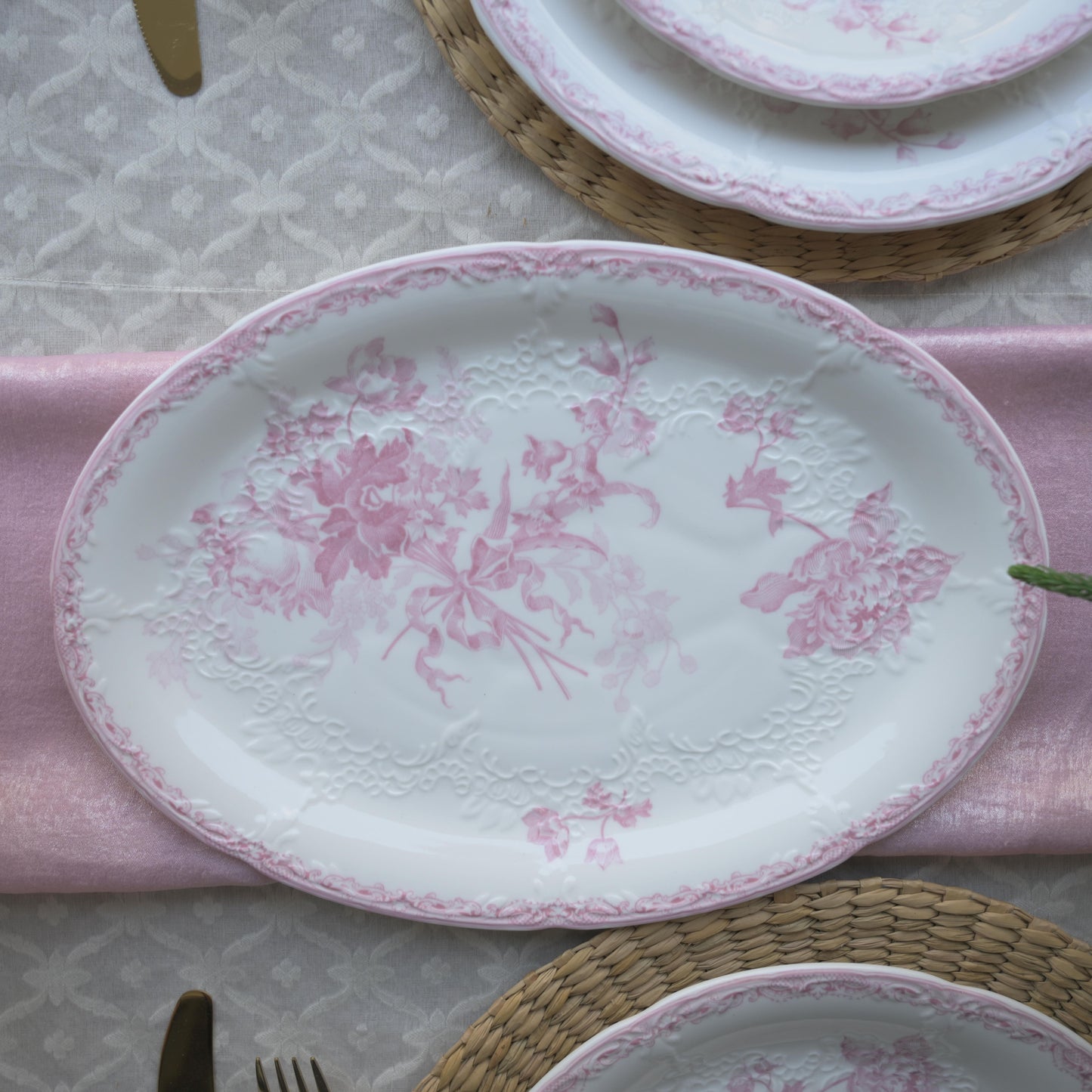 Vintage Pink Fleur Ceramic Serving Platter