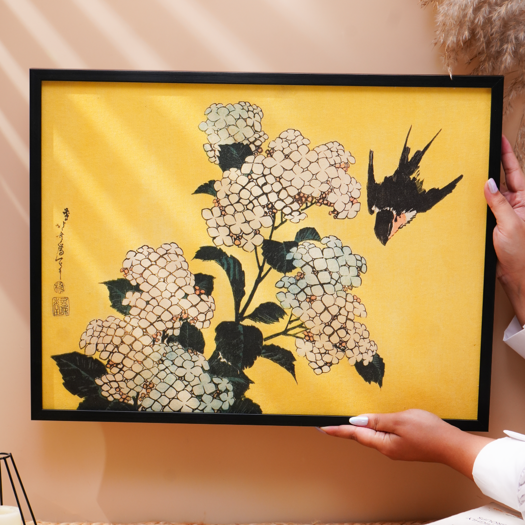 Katushika Hokusai’s “Hydrangeas and Swallow”