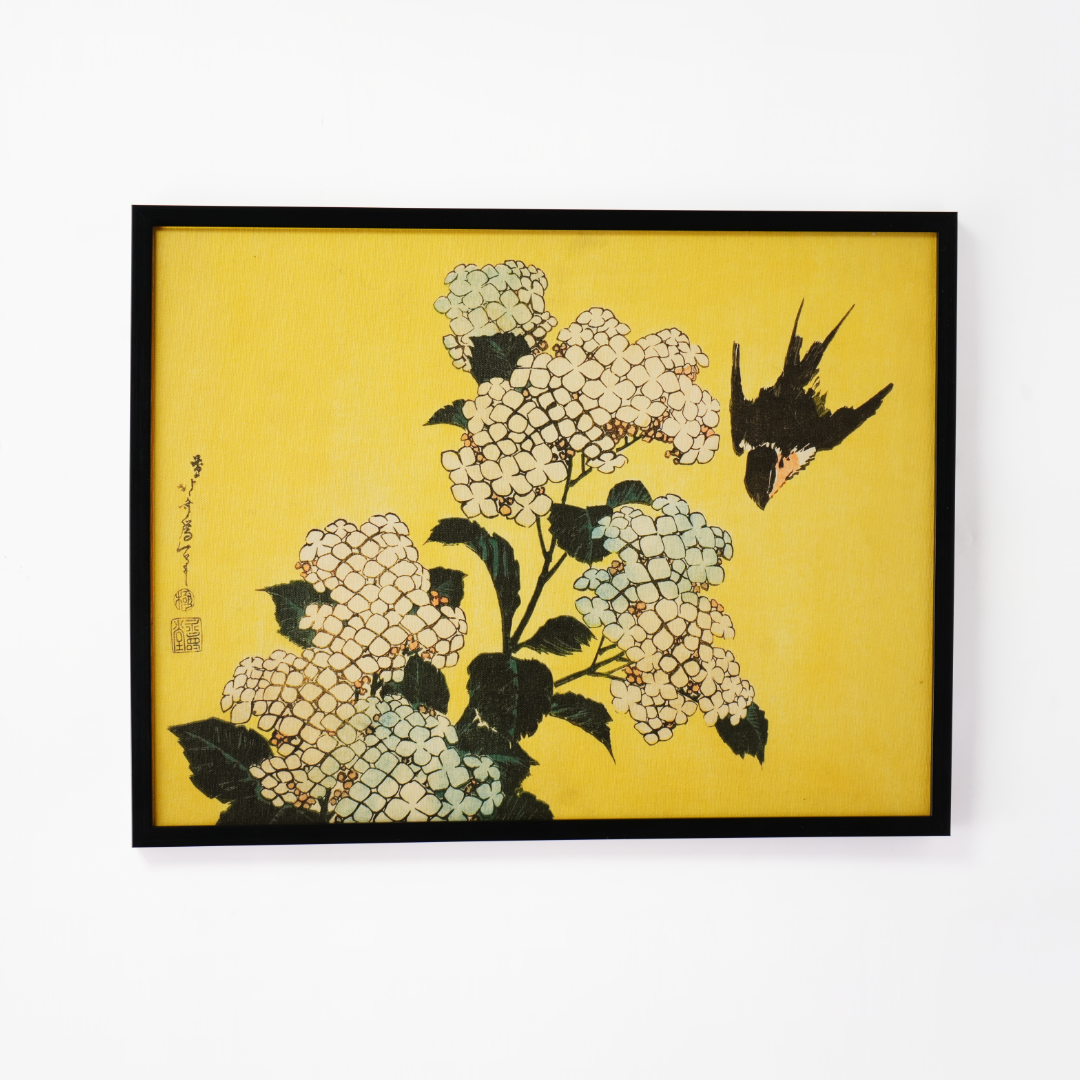 Katushika Hokusai’s “Hydrangeas and Swallow”