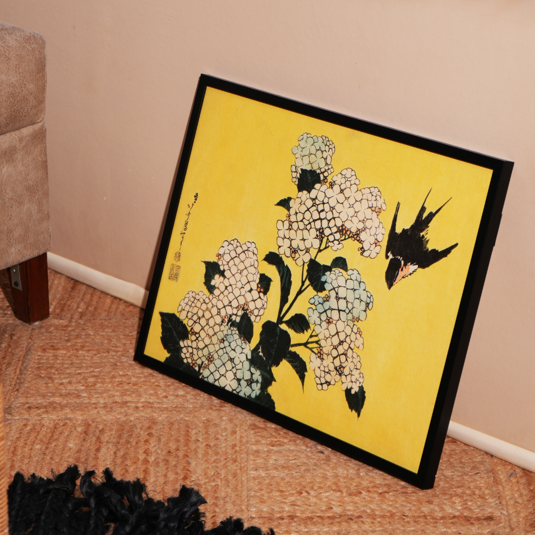 Katushika Hokusai’s “Hydrangeas and Swallow”