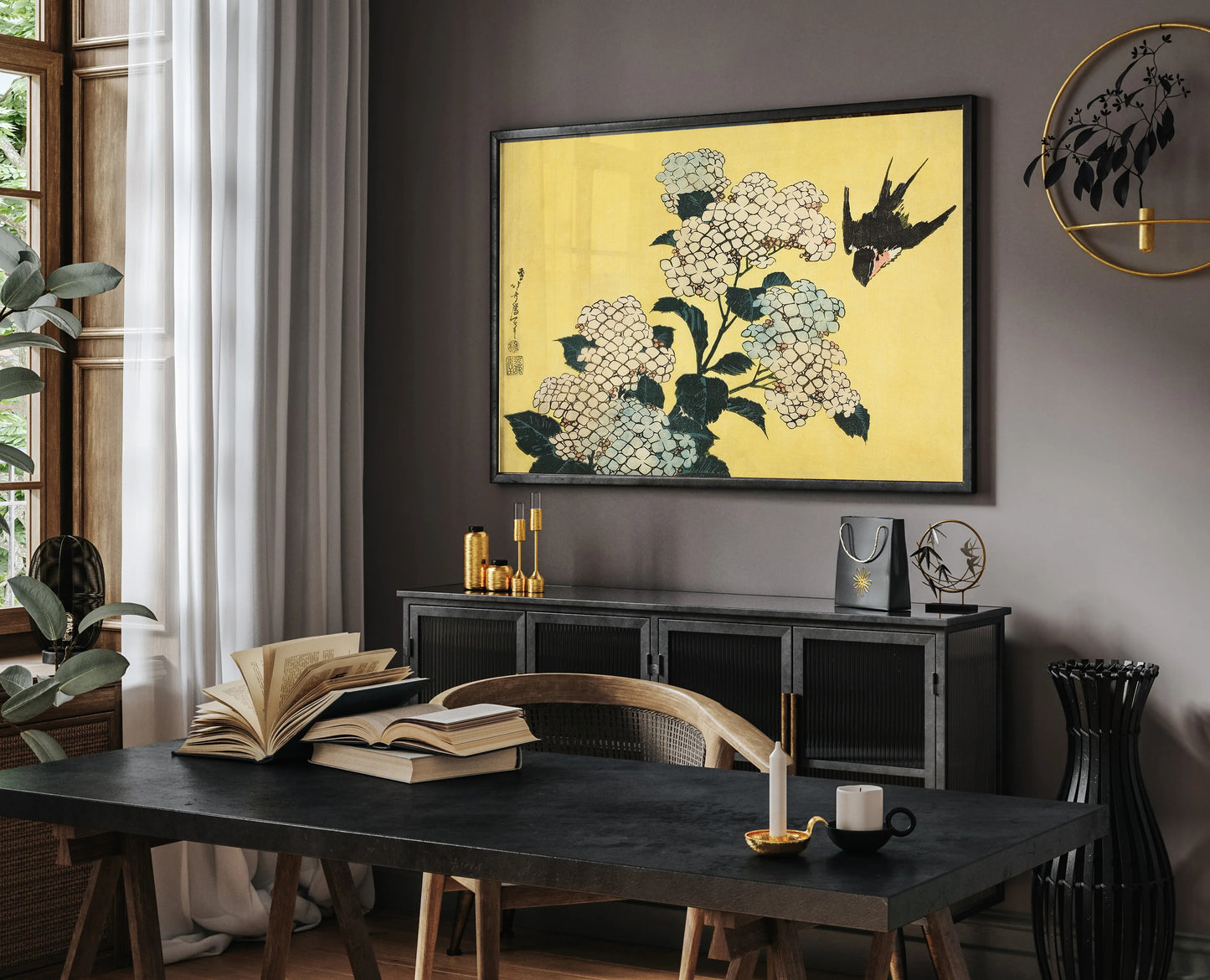 Katushika Hokusai’s “Hydrangeas and Swallow”