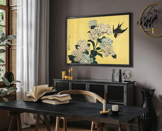 Katushika Hokusai’s “Hydrangeas and Swallow”