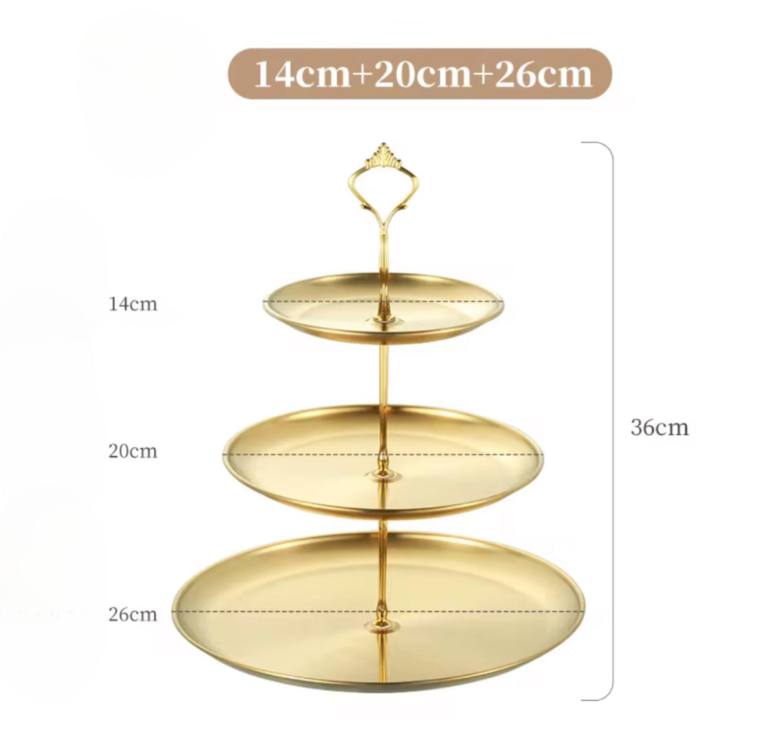 A three-tier golden aluminium cake stand with a total height of 36cm, featuring graduated plate diameters of 14cm, 20cm, and 26cm