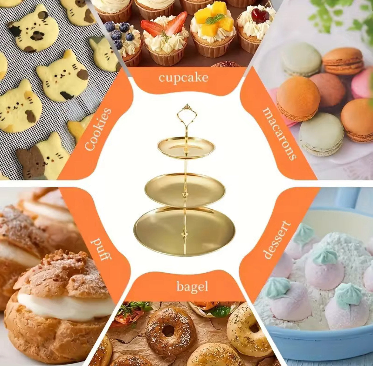 A three-tier golden aluminium cake stand with a central pillar and a decorative crown handle, shown against a plain white background