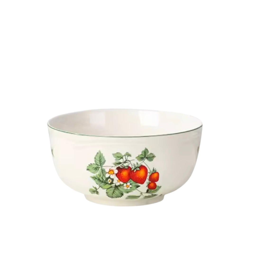 Birdy Fine Bone China Strawberry Bowl with elegant botanical strawberry design, premium serving bowl for soups, cereals, desserts, fruits, salads, and snacks.