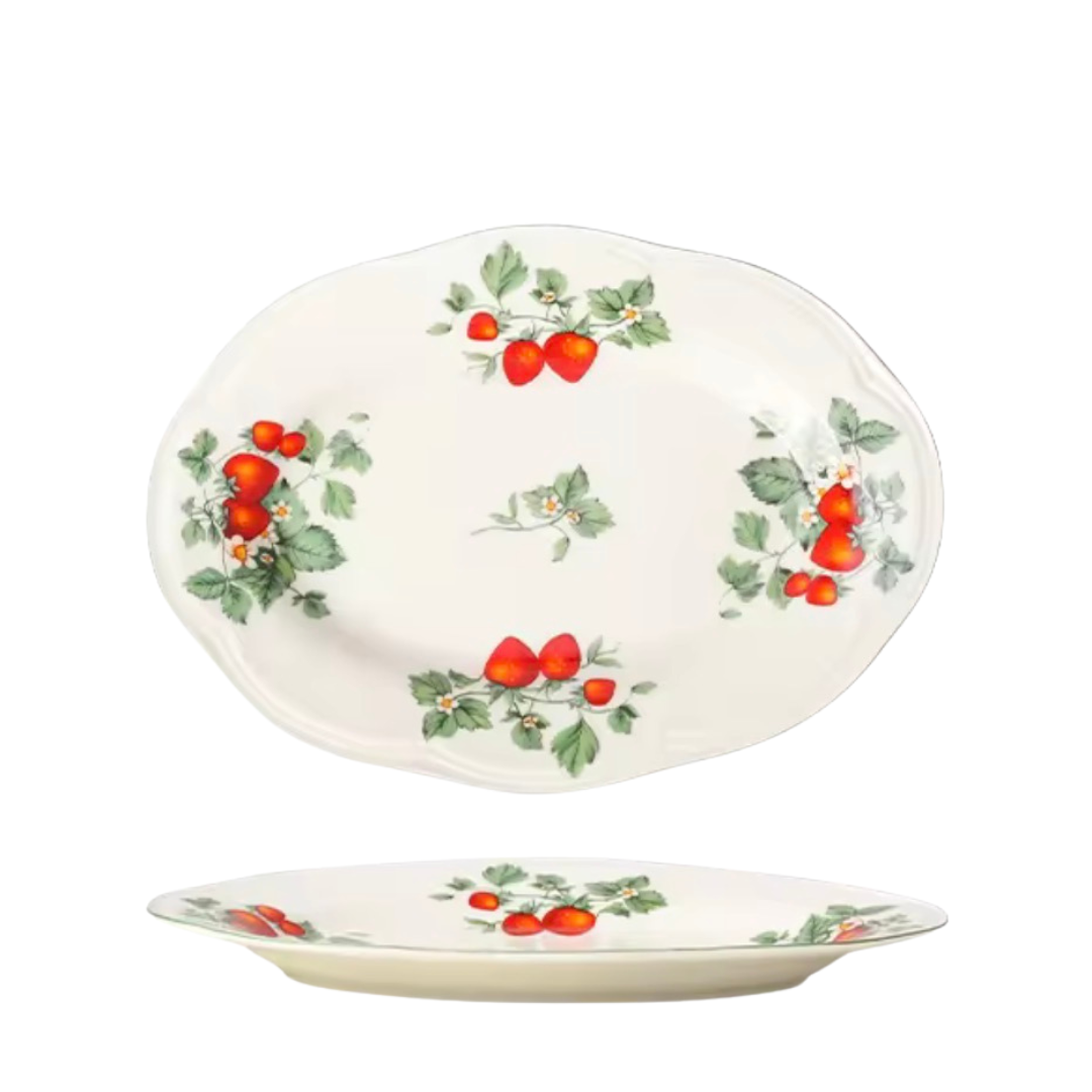 Birdy Fine Bone China Strawberry Print Oval Plate with elegant botanical design for serving desserts, snacks, fruits, appetizers, and everyday dining.
