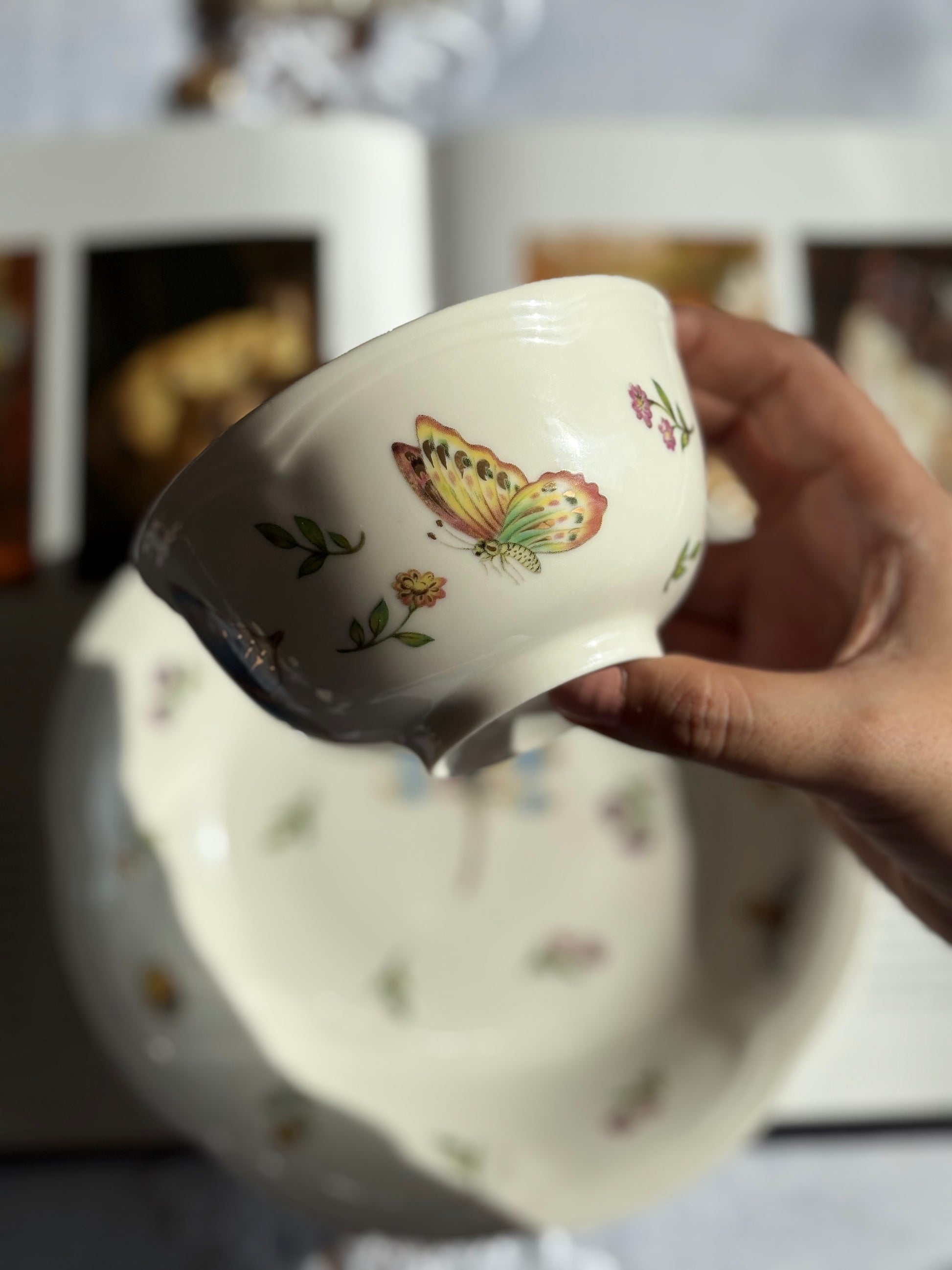 Bone china enchanted garden bowl with yellow butterfly and floral motif