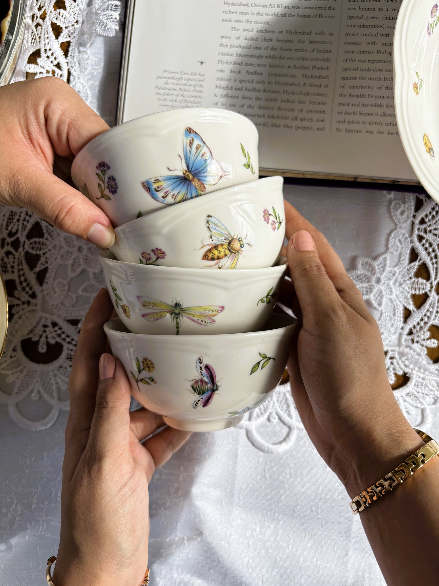 Bone china enchanted garden bowls, each with unique butterfly, bee, dragonfly and beetle motif - Birdy Home Design