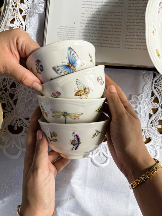 Bone china enchanted garden bowls, each with unique butterfly, bee, dragonfly and beetle motif - Birdy Home Design