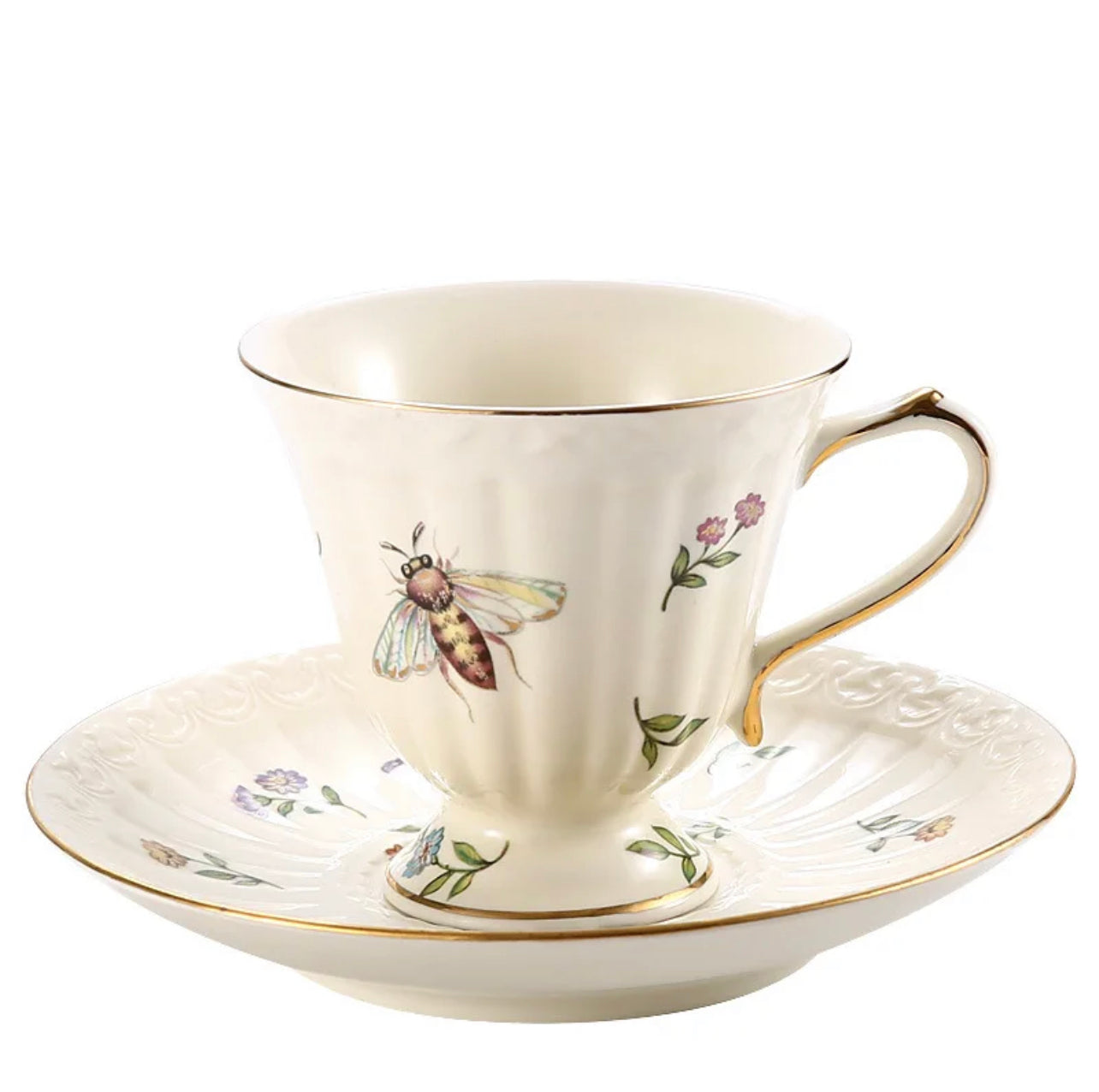 Bone china enchanted gardens cup and saucer with bee and floral motif and gold rim, white background product shot