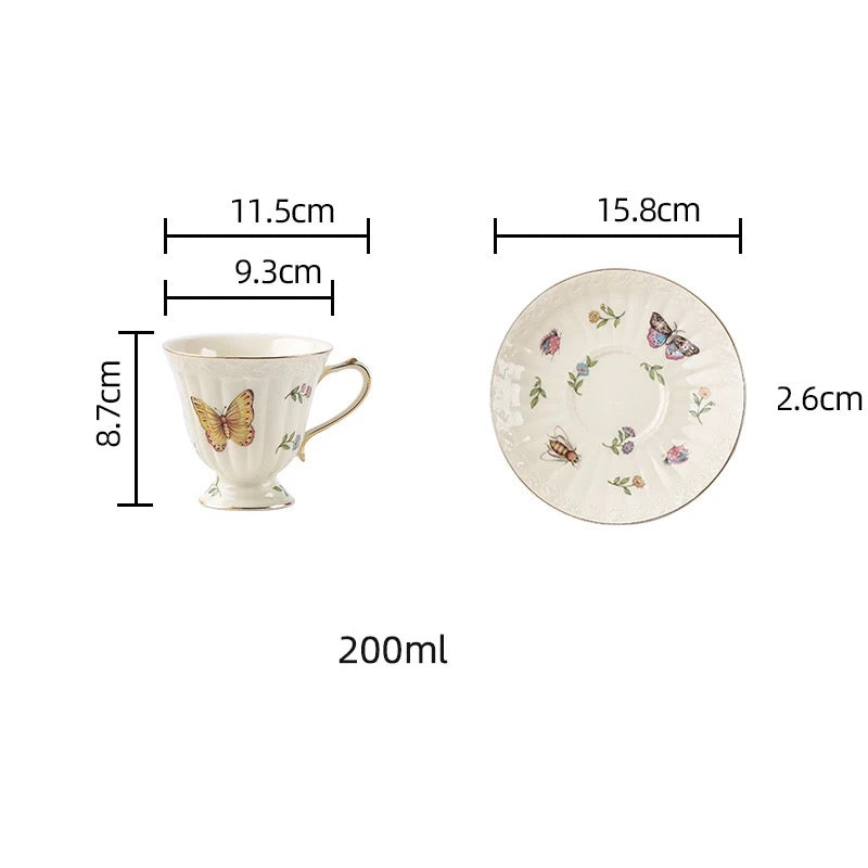 Bone china enchanted gardens cup and saucer dimensions, cup 11.5cm x 8.7cm, saucer 15.8cm, 200ml capacity