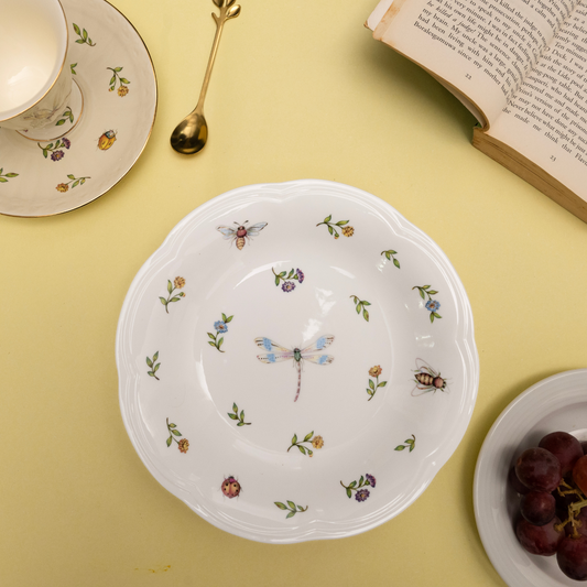 Bone china Enchanted Garden deep dish with dragonfly, bee, and floral motifs - Birdy Home Design