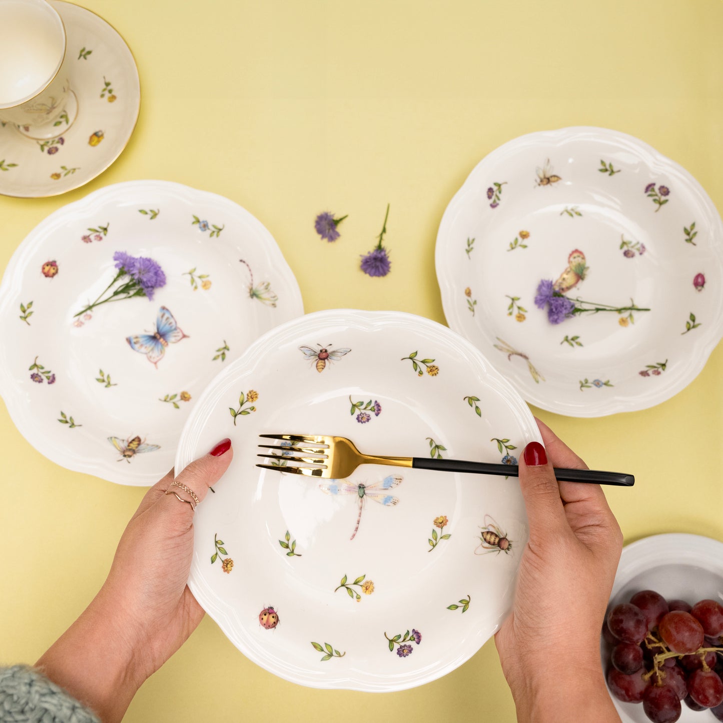 Bone china Enchanted Garden deep dishes with butterfly and dragonfly motifs
