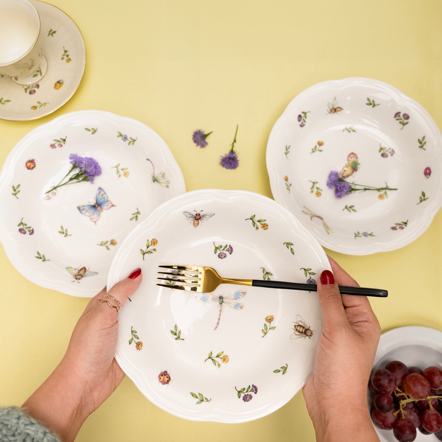 Bone china Enchanted Garden deep dishes with butterfly and dragonfly motifs