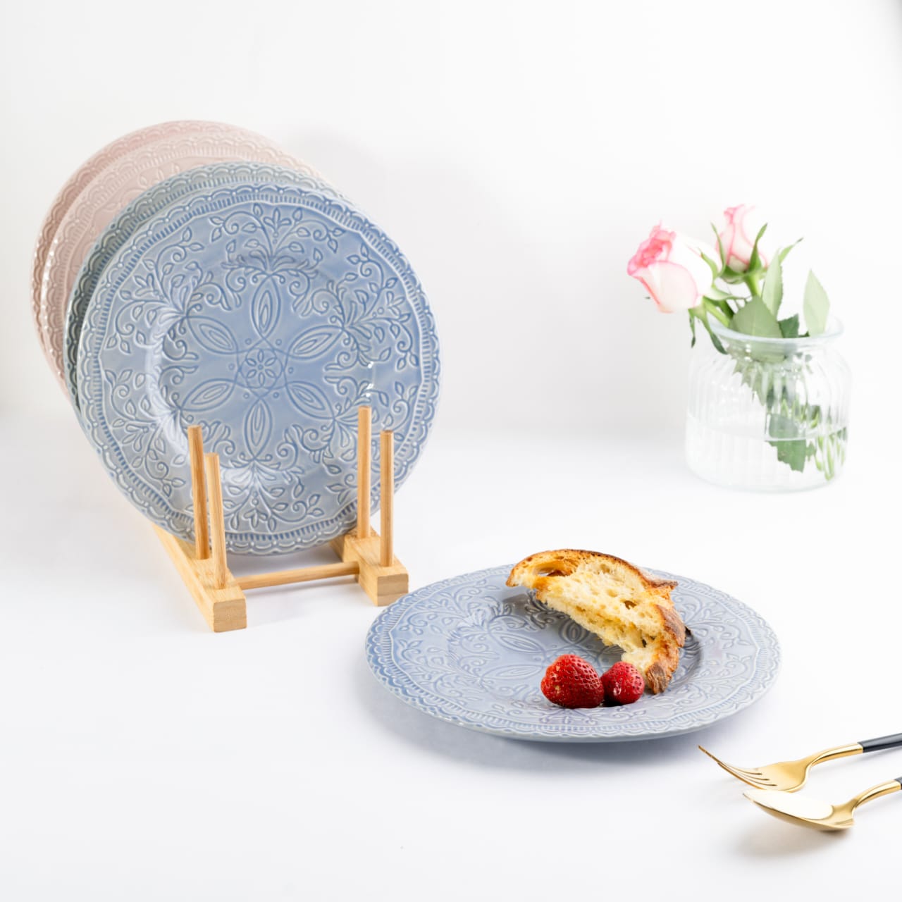 A set of 7.5-inch bone china quarter plates featuring intricate engraved floral and geometric patterns in various pastel shades - Birdy Home Design