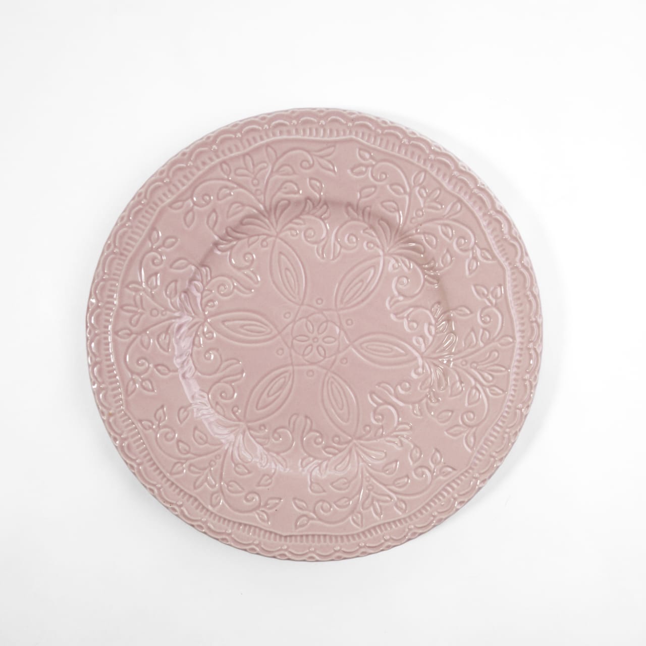 A top-down view of a 7.5-inch bone china quarter plate in a soft pastel pink with detailed engraved floral patterns