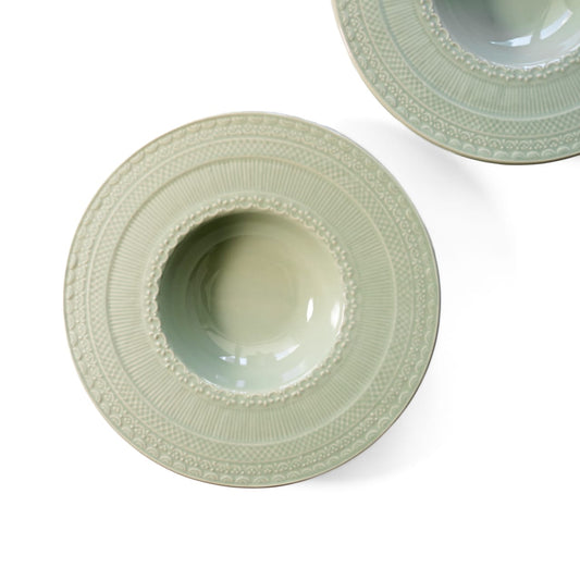 Jade green bone china pasta plate with intricate engraved patterns on the rim - Birdy Home Design