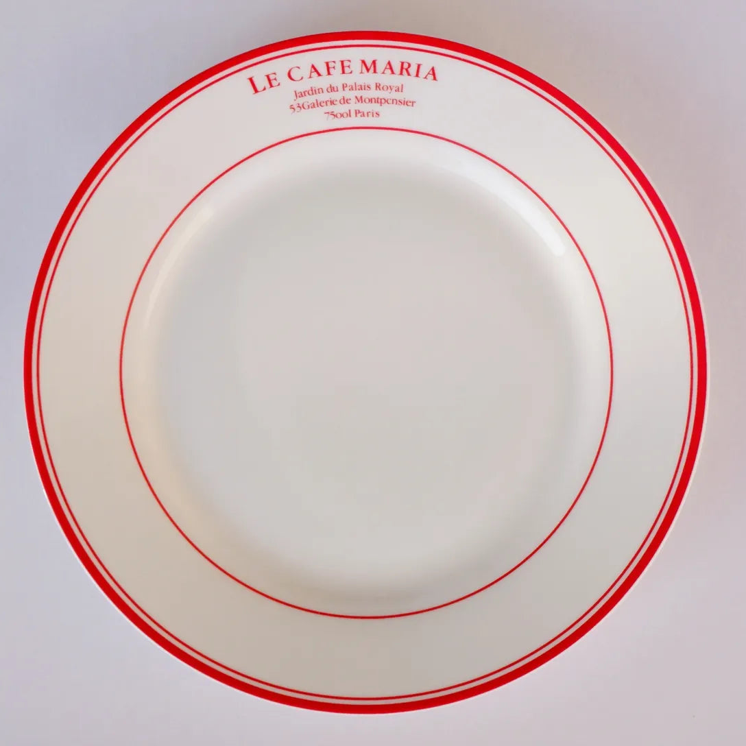A white bone china quarter plate with double red circular borders and "Le Cafe Maria" printed in red at the top - Birdy Home Design