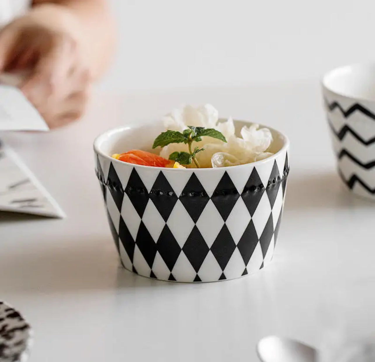 Bone china Nordic and Korean style bowl featuring a black and white diamond pattern