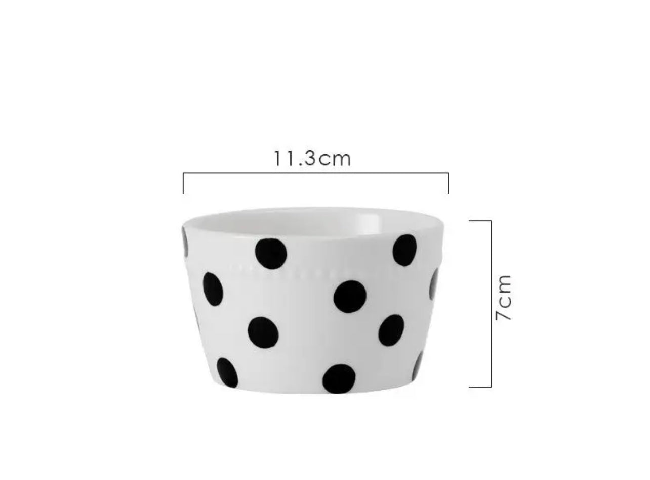 Bone china Nordic and Korean style bowl with black polka dot pattern showing 11.3cm width and 7cm height dimensions
