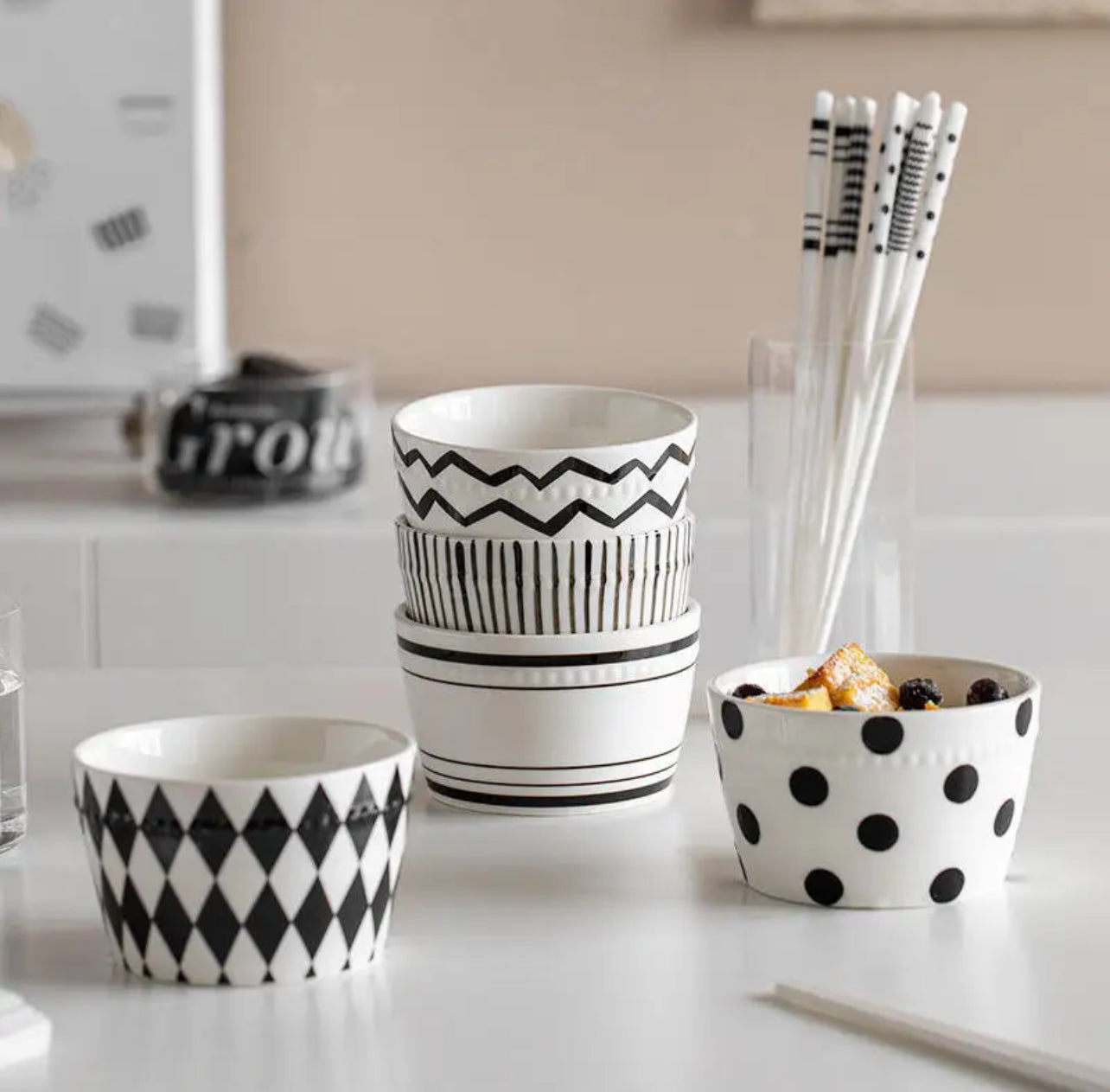 Bone china Nordic and Korean style rice and cereal bowls featuring assorted black and white polka dot, chevron, and diamond patterns