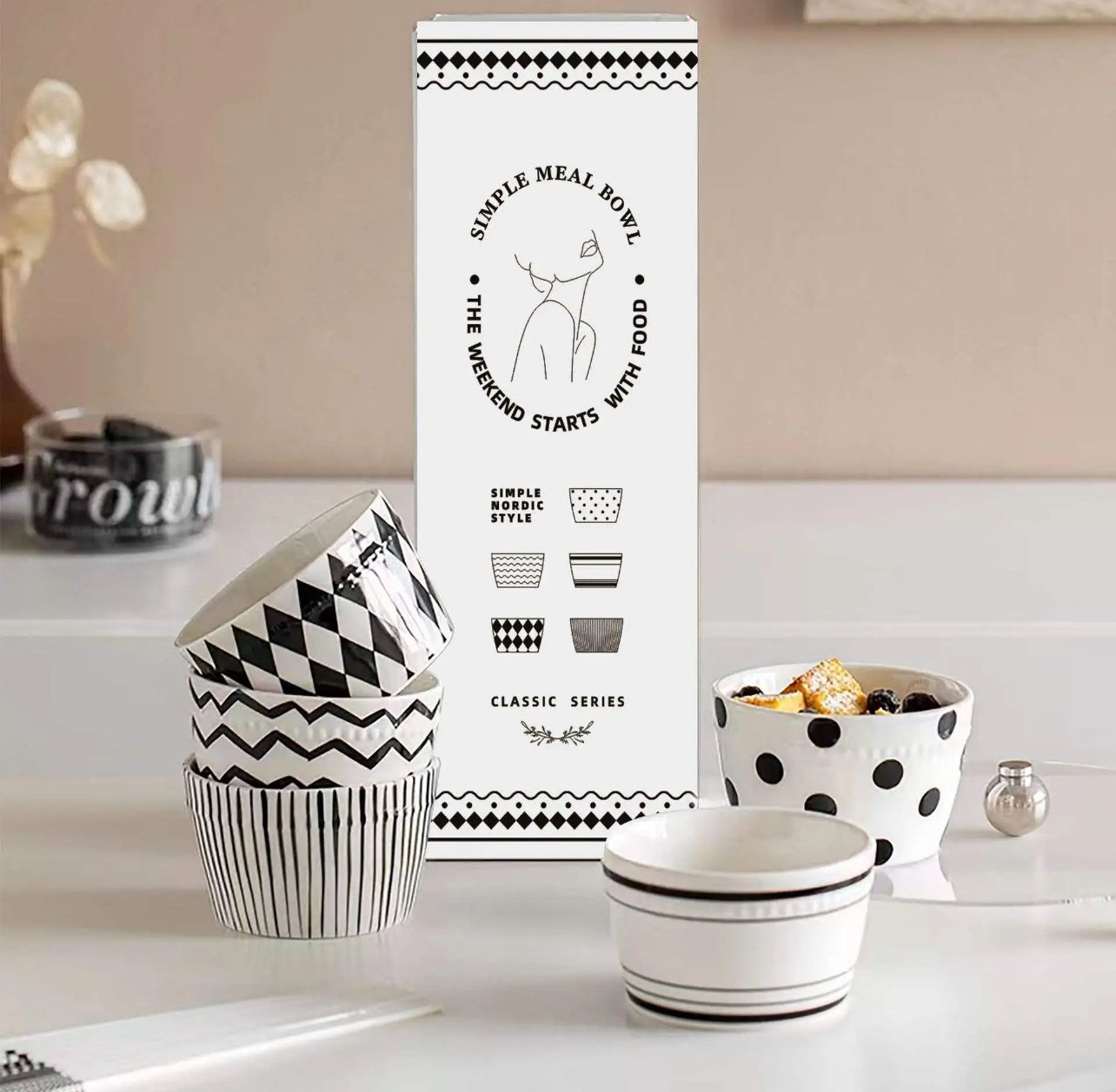 Bone china Nordic and Korean style rice and cereal bowls featuring assorted black and white geometric patterns