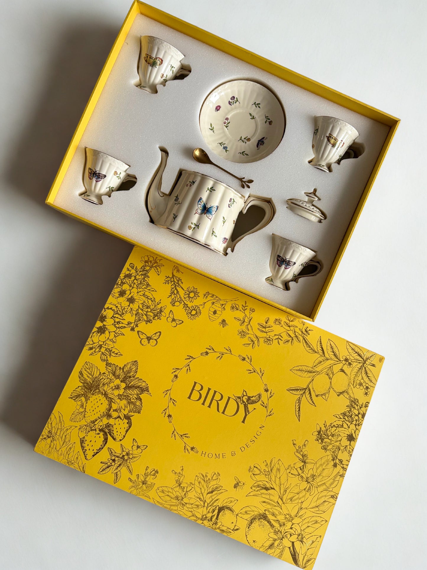Bone china Enchanted Garden tea set in a yellow gift box with butterfly motif - Birdy Home Design