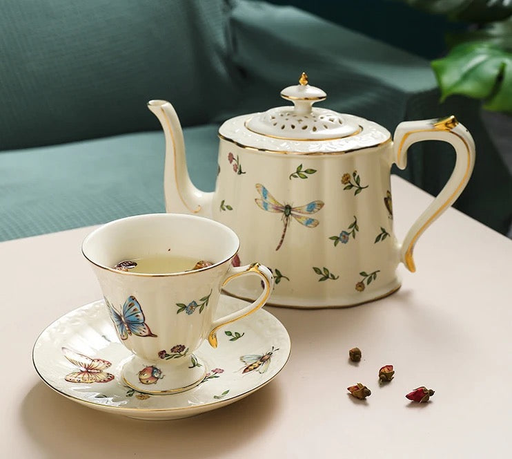 Bone china enchanted gardens teapot, cup and saucer with butterfly, dragonfly and floral motif and gold rim