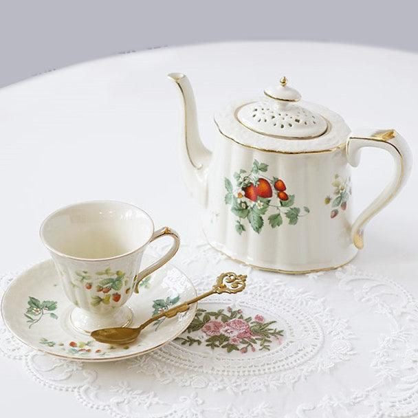 Bone china strawberries and cream teapot, cup and saucer with strawberry motif and gold rim