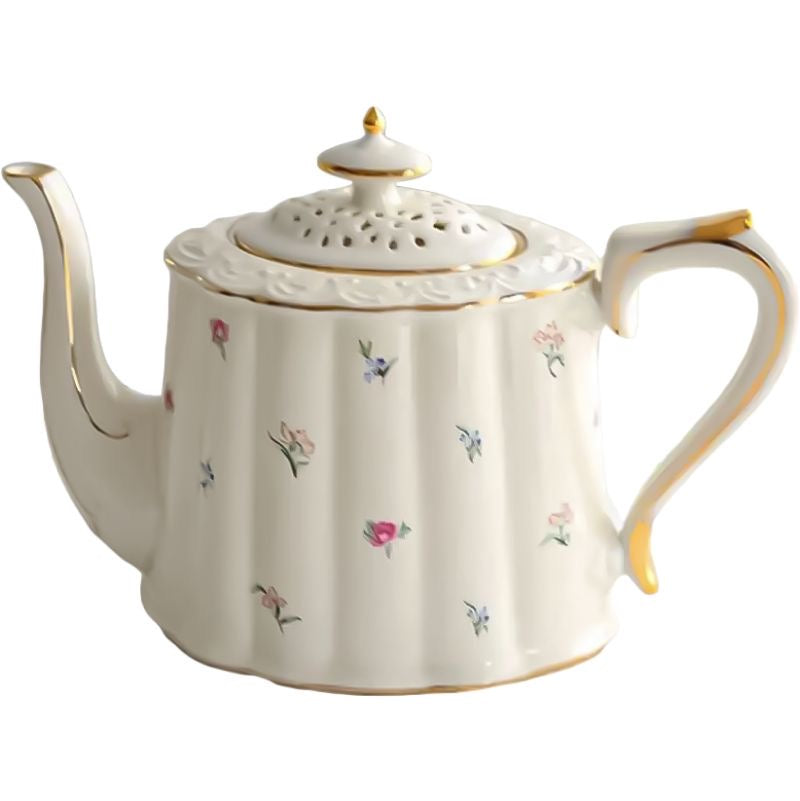 Bone china daisy fields teapot with scattered floral motif and gold rim, clean white background product shot