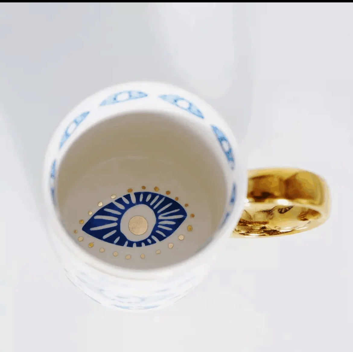 Bone china Turkish Evil Eye mug top view showing the interior base motif