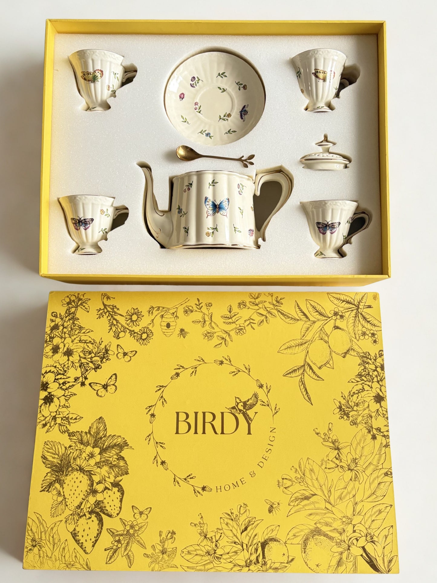 Bone china Enchanted Gardens yellow gift box containing tea set with butterfly motif - Birdy Home Design