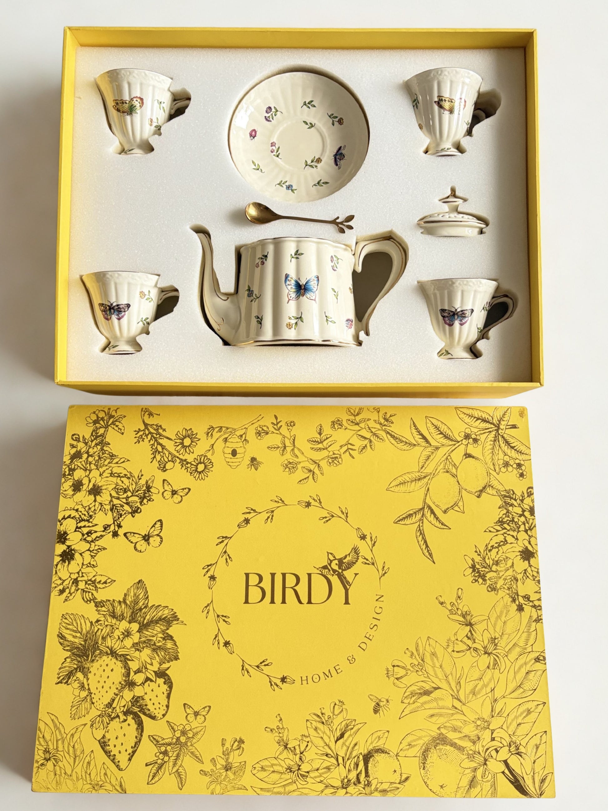 Bone china Enchanted Gardens yellow gift box containing tea set with butterfly motif - Birdy Home Design
