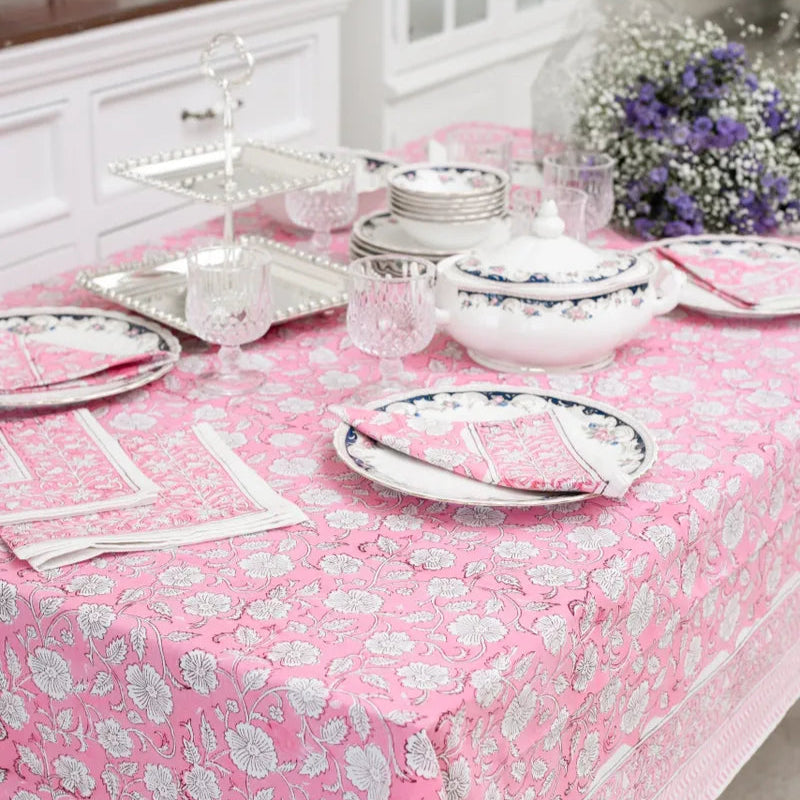 Vibrant pink cotton table cloth featuring a traditional white Rajasthani floral block print pattern - Birdy Home Design