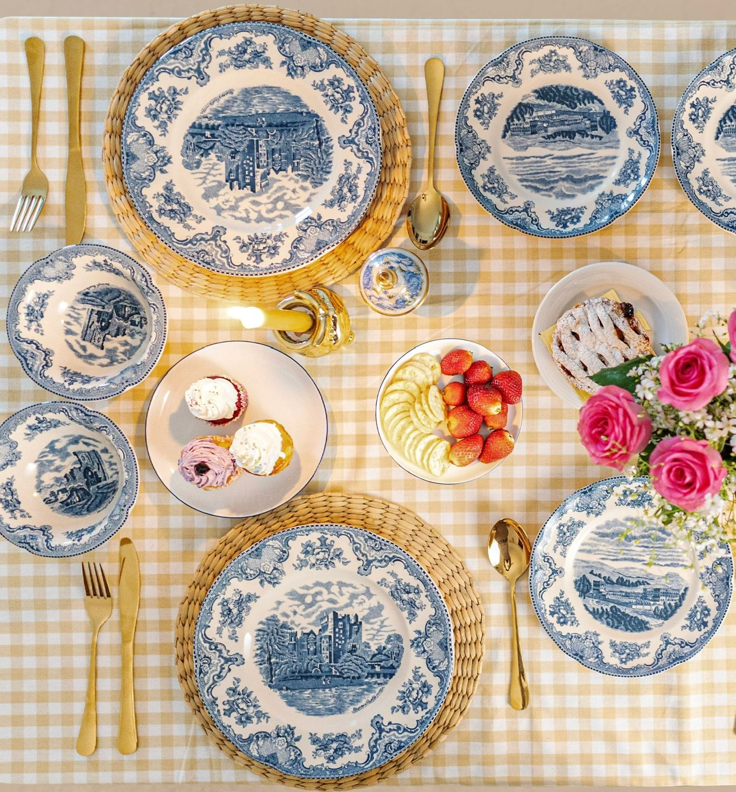 Porcelain Royal European Collection dinner plates, quarter plates, and bowls with blue and white landscape motif