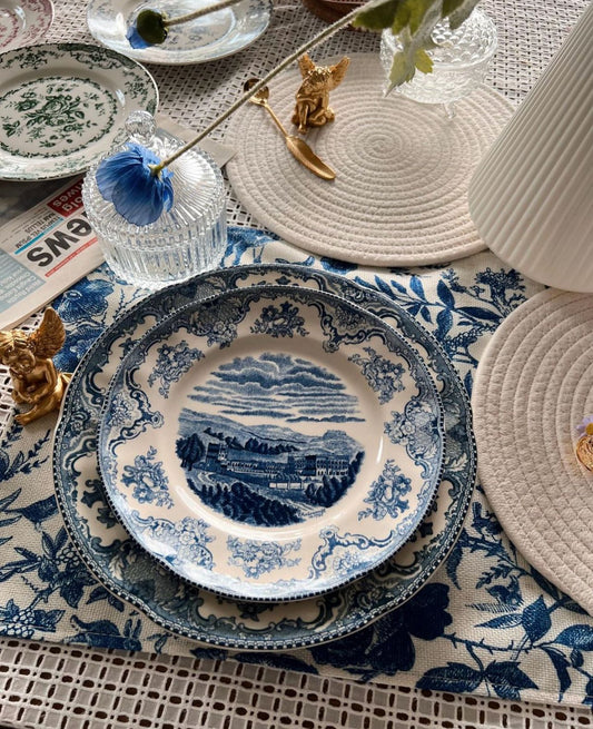 Porcelain Royal European Collection stacked dinner and quarter plates with blue and white landscape motif - Birdy Home Design